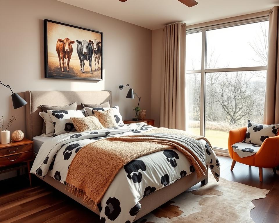 Cow decor in modern bedroom