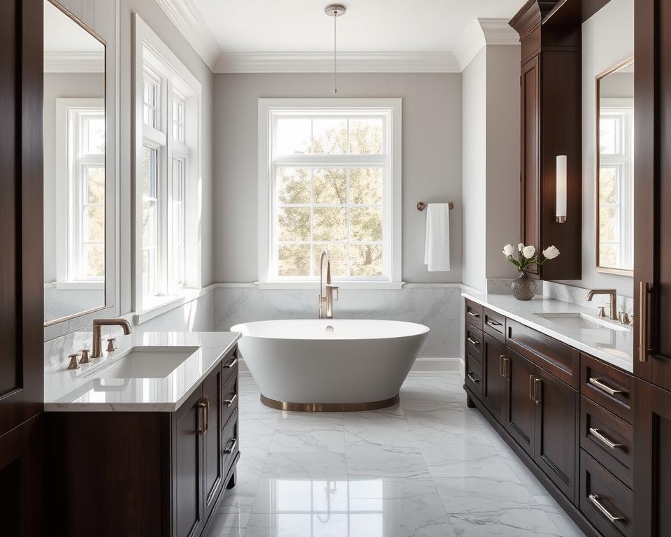 bathroom with dark cabinets and marble countertops