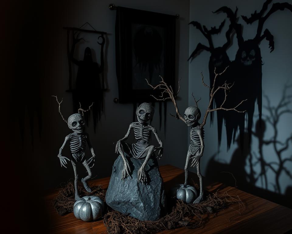 eerie figurines and unsettling wall hangings